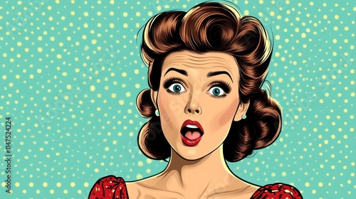 A woman with a surprised expression and red lipstick, illustrated in a vintage pop art style against a blue dotted background.