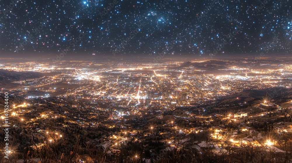 Fototapeta premium Night city panorama under starry sky.