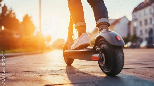 Person riding electric scooter at sunset on city street. photo