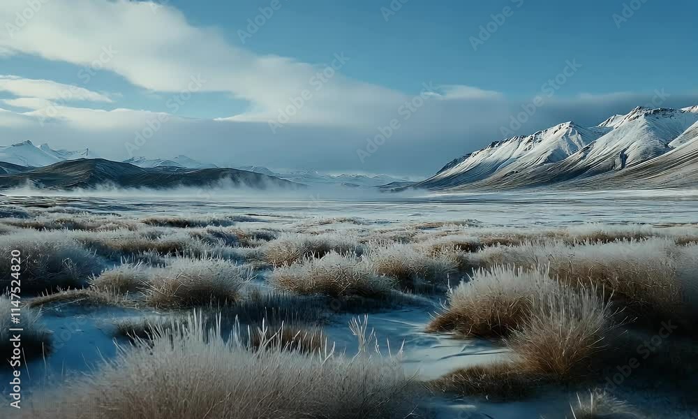 A serene winter landscape with frosted grass and distant mountains under a clear blue sky. A serene winter landscape with frosted grass and distant mountains under a clear blue sky.