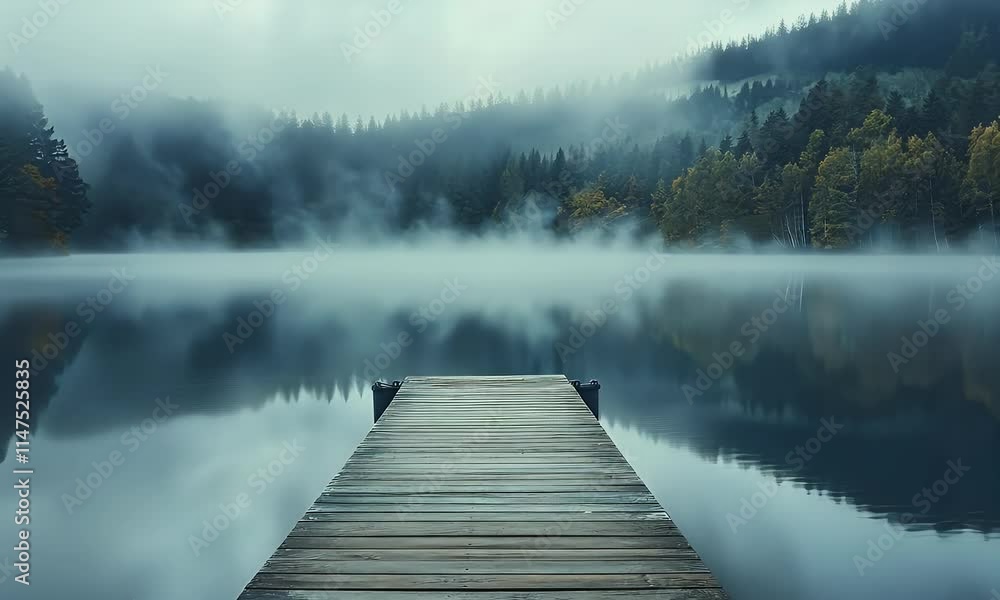 A serene wooden pier extends into a misty lake surrounded by trees, evoking tranquility. A serene wooden pier extends into a misty lake surrounded by trees, evoking tranquility.