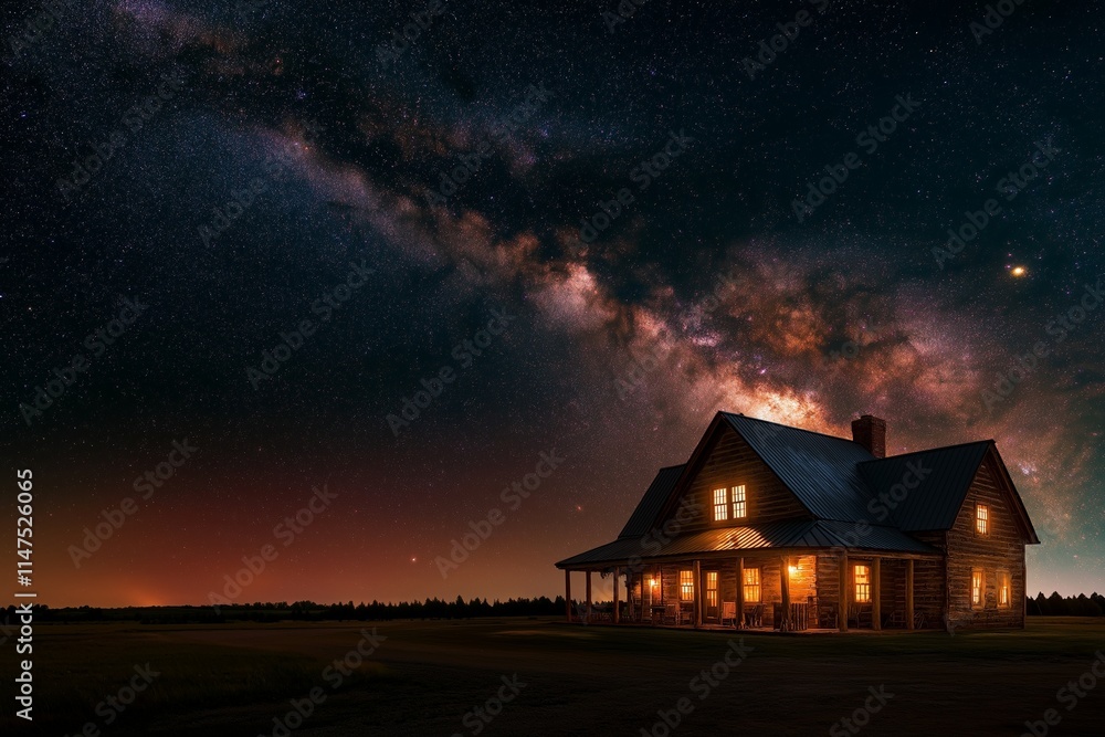 A rustic farmhouse under a vast, starry sky, with its warm lights softly glowing against the backdrop of shimmering constellations. A rustic farmhouse under a vast, starry sky, with its warm lights softly glowing against the backdrop of shimmering constellations.