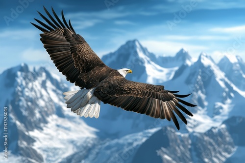 A majestic eagle soars above towering snow-capped peaks, wings spread wide, gliding through a crisp blue sky with breathtaking mountain vistas below. photo