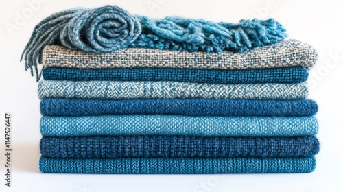 Six layers of neatly folded fabric, including dark blue, turquoise, and Tiffany colors, covering linen, wool, silk, and cotton, with each layer having different sizes, textures, and compositions