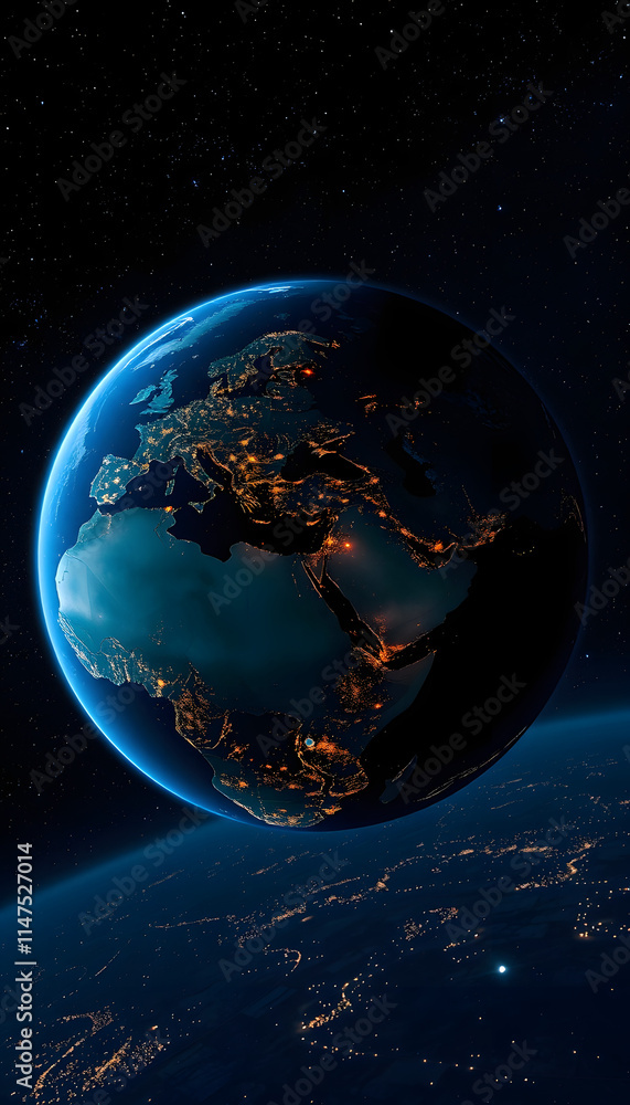 Naklejka premium Amazing night planet Earth with Europe, Africa and Eastern countries with bright night city lights in starry space. Megacities and light view from space, digital art, with white tones