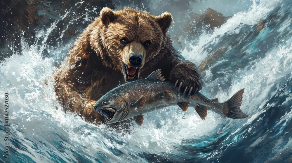 Grizzly bear catching salmon in a rushing river. Grizzly bear catching salmon in a rushing river.