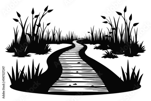 Wetland Trails Silhouette Linocut of Raised Pathways in Marshy Wetlands