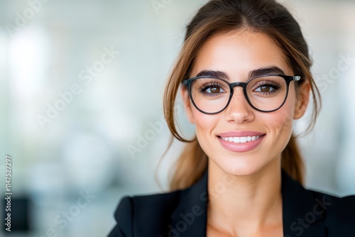 A professional woman with glasses smiles confidently in a bright office setting, exuding warmth and approachability.