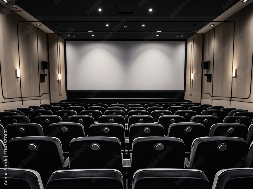 Empty movie theater with rows of black seats and a large projection screen Empty movie theater with rows of black seats and a large projection screen