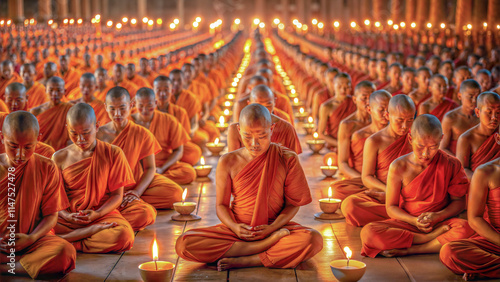Theravada many enlightened Buddhist monks meditation family hall temple Asian