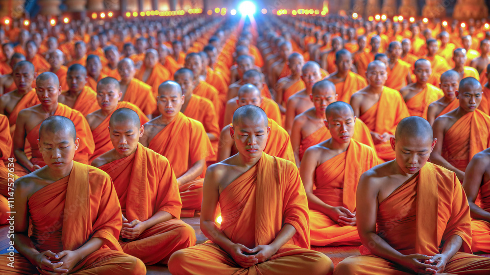Fototapeta premium Theravada many enlightened Buddhist monks meditation family hall temple Asian