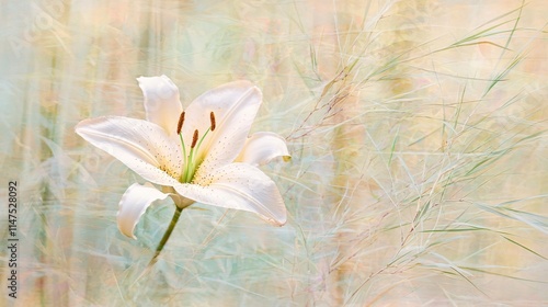 soft-focus image of a blooming lily with an overlay of a field of economic plants like bamboo or eucalyptus, demonstrating the blending of ornamental plants with business agriculture. [Lily]:[Economic photo