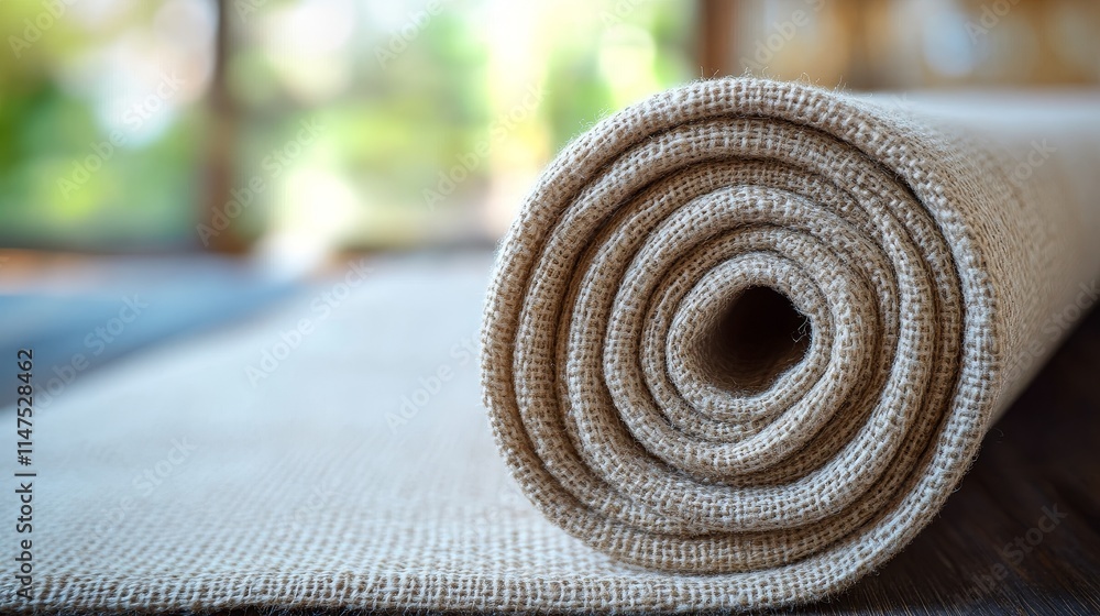 A roll of durable canvas fabric in natural beige, made of cotton, displayed on a solid warm grey background, highlighting the texture and quality of the material in a minimalistic setting. A roll of durable canvas fabric in natural beige, made of cotton, displayed on a solid warm grey background, highlighting the texture and quality of the material in a minimalistic setting.