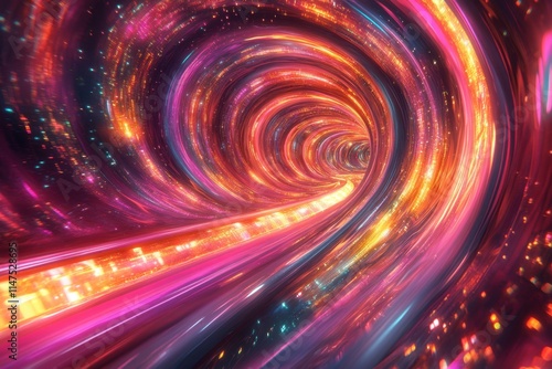 Vibrant Cosmic Tunnel with Swirling Lights and Motion, space travel, abstract art, vibrant colors