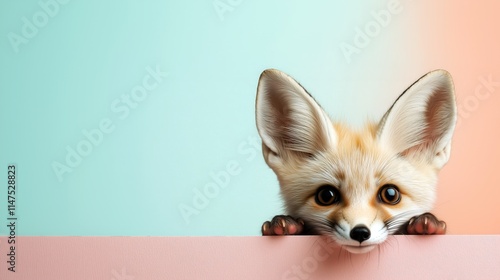 Adorable Fennec Fox with Large Ears Peeking Over a Pink Edge, Against a Soft Gradient Background – Playful Animal Wallpaper
