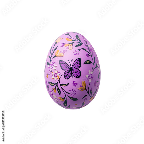 A beautifully decorated purple egg featuring intricate floral designs and a prominent butterfly illustration.