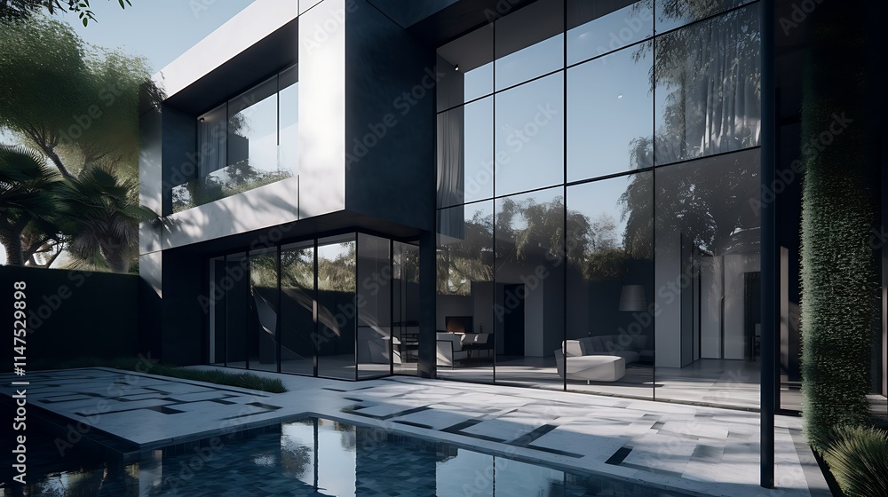 Fototapeta premium Modern house with glass walls, pool, and lush greenery.