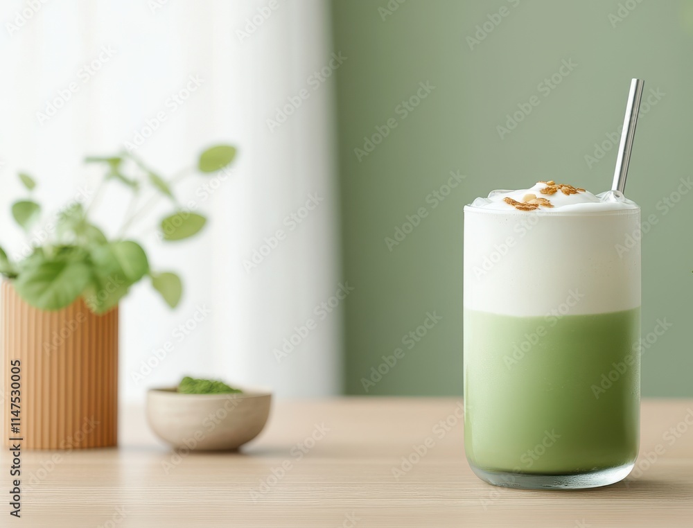 A refreshing layered green drink topped with cream and garnished, set against a soft green backdrop with a plant accent. A refreshing layered green drink topped with cream and garnished, set against a soft green backdrop with a plant accent.