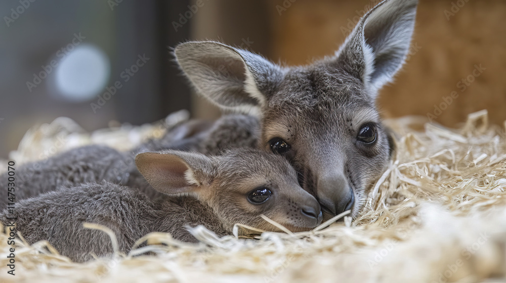 Fototapeta premium Caring kangaroo mother with her baby resting in soft straw