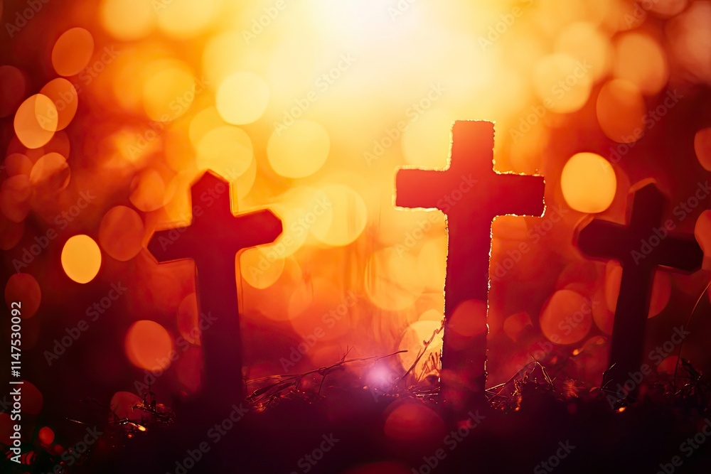 Resurrection Of Jesus Christ - Empty Tomb - Focus On Shroud With Defocused Crosses On Background - flare Effects and Bokeh Lights Resurrection Of Jesus Christ - Empty Tomb - Focus On Shroud With Defocused Crosses On Background - flare Effects and Bokeh Lights