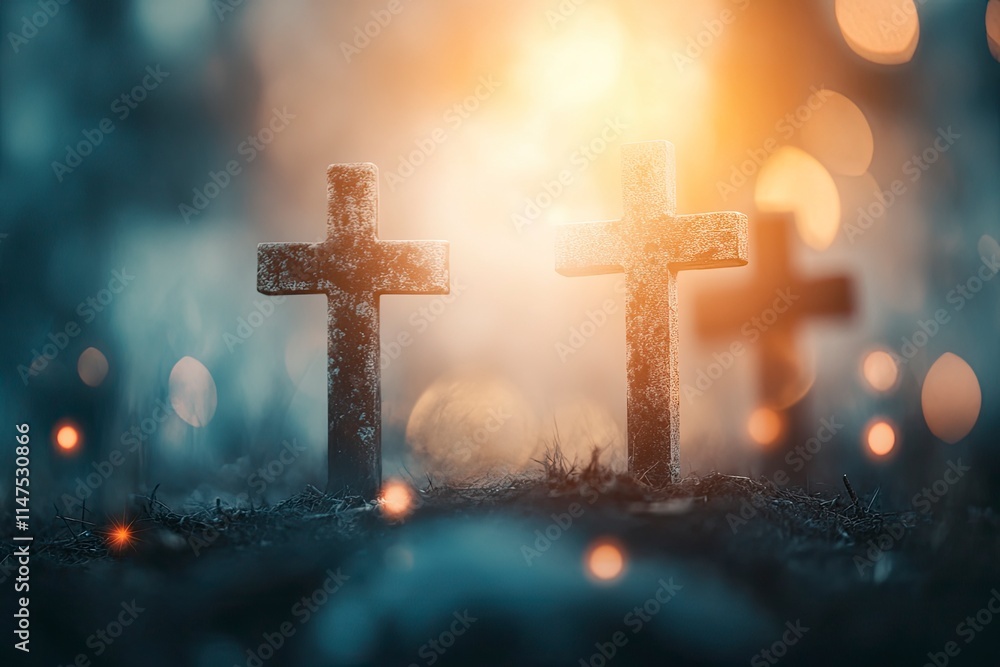 Resurrection Of Jesus Christ - Empty Tomb - Focus On Shroud With Defocused Crosses On Background - flare Effects and Bokeh Lights Resurrection Of Jesus Christ - Empty Tomb - Focus On Shroud With Defocused Crosses On Background - flare Effects and Bokeh Lights