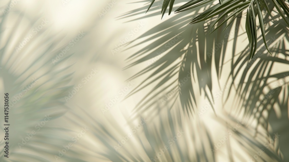 Fototapeta premium Soft shadows of palm leaves against a light background create a serene, tropical atmosphere.