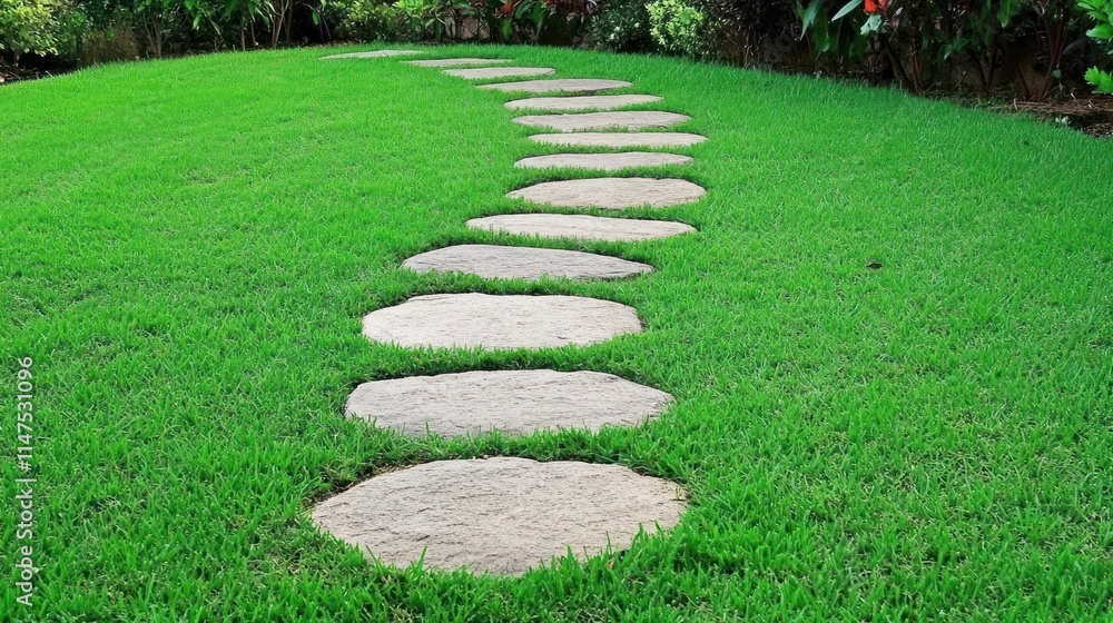 A winding stone pathway leads through a lush green lawn. A winding stone pathway leads through a lush green lawn.