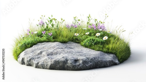 round surface patch covered with flowers, green leaf rock plant or dry grass isolated on white background. Realistic natural element for design. Bright 3d illustration. 
