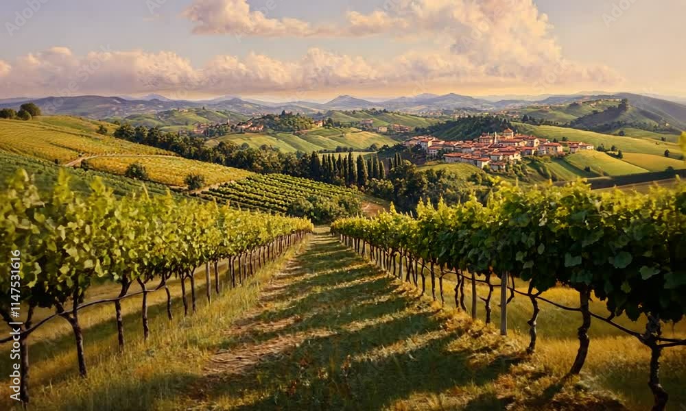A picturesque vineyard landscape with rolling hills and distant town under a cloudy sky. A picturesque vineyard landscape with rolling hills and distant town under a cloudy sky.