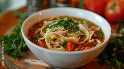 classic chicken noodle soup with a vibrant mix of vegetables and perfectly cooked noodles, topped with fresh parsley