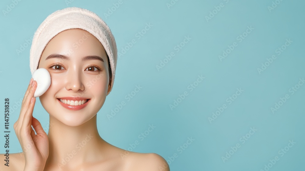 A smiling woman applies skincare on her face, showcasing a fresh and radiant look against a light blue background. A smiling woman applies skincare on her face, showcasing a fresh and radiant look against a light blue background.