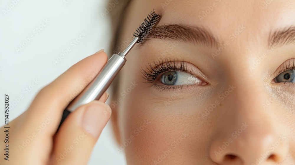 A woman applies eyebrow gel using a small brush, enhancing her brows for a polished look against a neutral background. A woman applies eyebrow gel using a small brush, enhancing her brows for a polished look against a neutral background.
