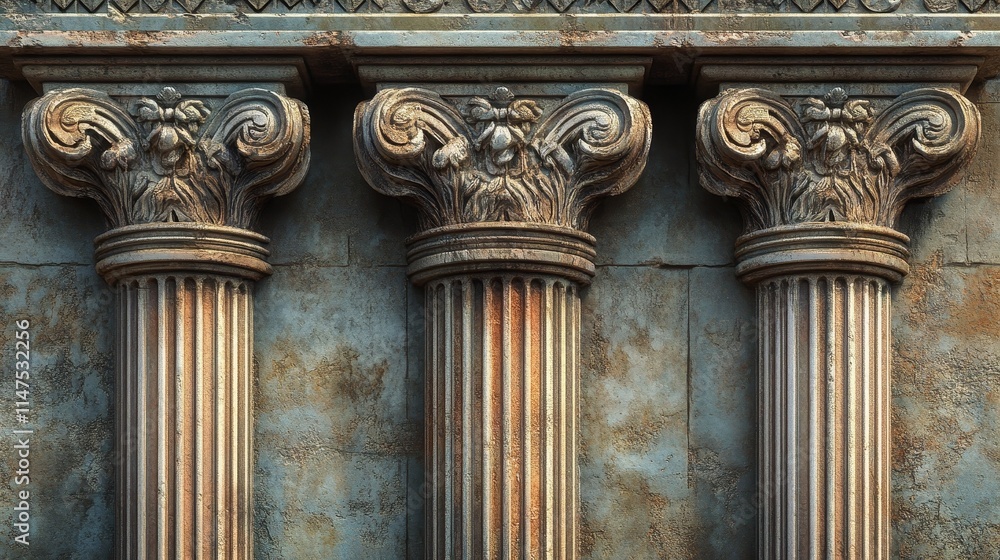 Obraz premium Greek columns are decorated with material details, showcasing exquisite patterns and classic architectural design elements, suitable for 3D modeling, interior design, and historical building projects.