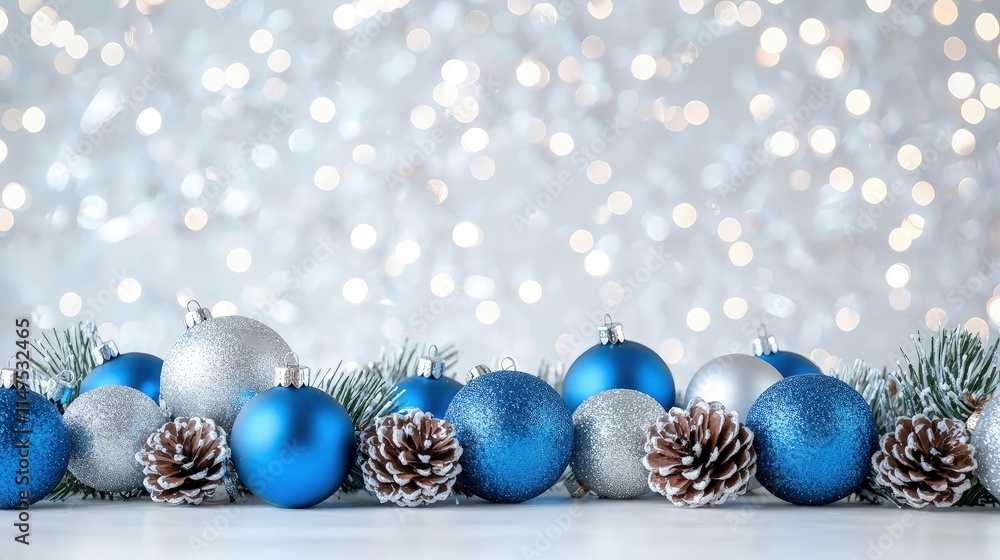 Blue and silver Christmas ornaments with pine cones on a bokeh background. Blue and silver Christmas ornaments with pine cones on a bokeh background.