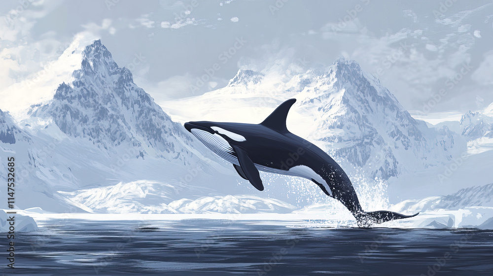 Fototapeta premium killer whale leaps gracefully from icy waters near snowy mountains