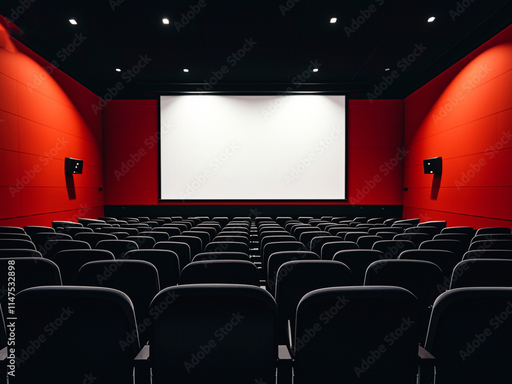 Fototapeta premium Empty movie theater with rows of black seats and a large projection screen 