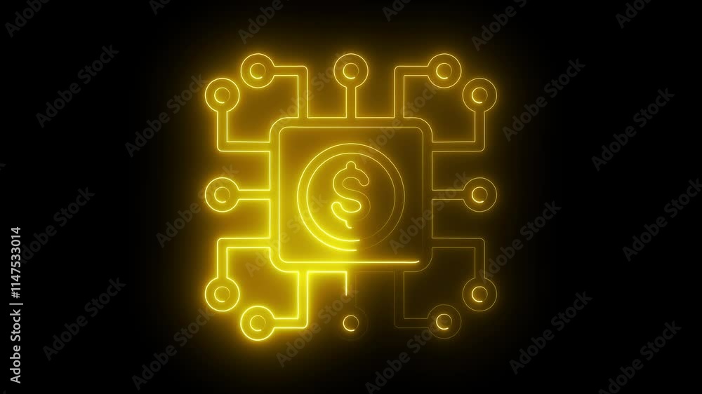 Financial system icon animation by yellow color neon on black background. Financial system icon animation by yellow color neon on black background.