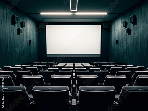 Empty movie theater with rows of black seats and a large projection screen  photo