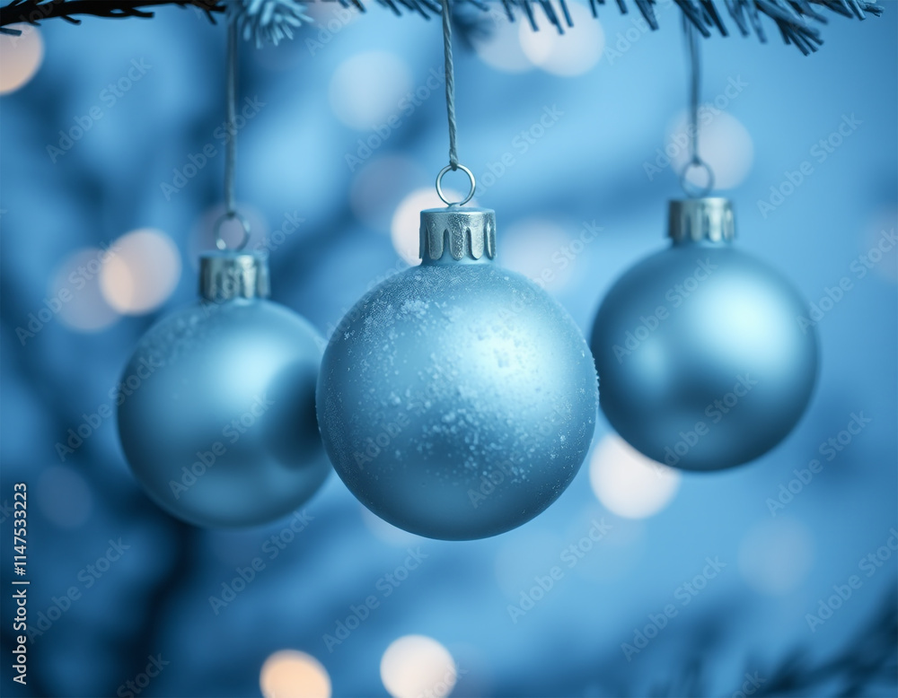 Blue frosted christmas ornaments on tree branch Blue frosted christmas ornaments on tree branch