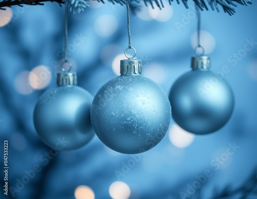 Blue frosted christmas ornaments on tree branch