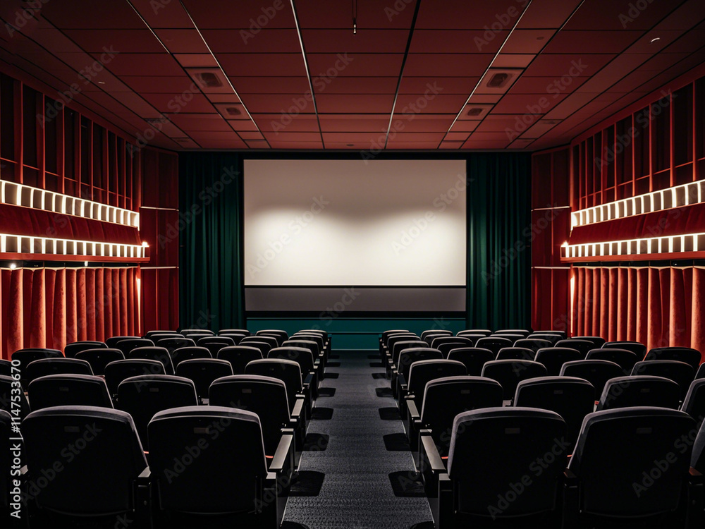 Empty movie theater with rows of black seats and a large projection screen Empty movie theater with rows of black seats and a large projection screen