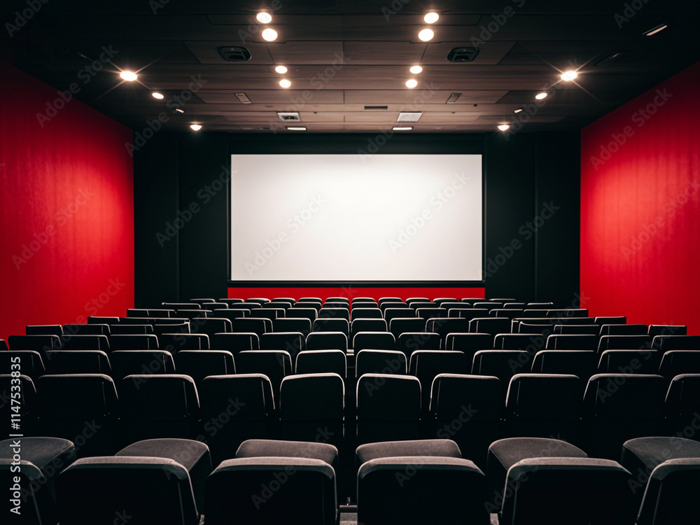 Empty movie theater with rows of black seats and a large projection screen 