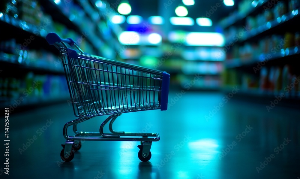custom made wallpaper toronto digitalEmpty shopping cart in supermarket aisle at night.