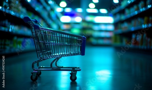 Wallpaper Mural Empty shopping cart in supermarket aisle at night. Torontodigital.ca