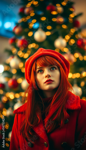 Elegant woman in red hat with holiday and Christmas lights