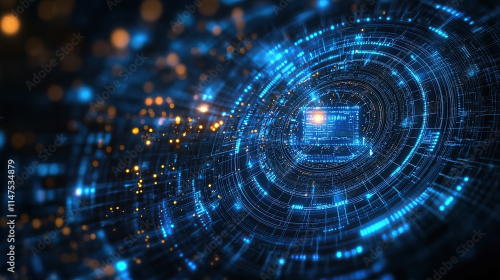 Abstract digital technology background with glowing circular network and central processor. Abstract digital technology background with glowing circular network and central processor.