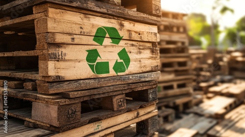 A green recycle symbol painted on a wooden pallet, symbolizing sustainability and responsible waste management. photo