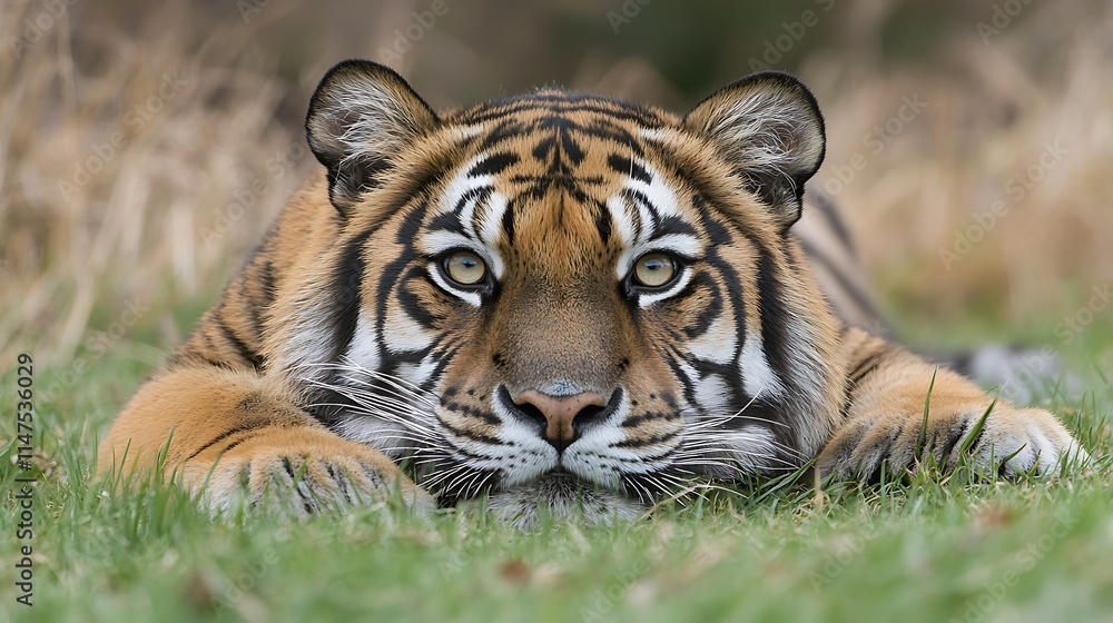 Obraz premium Majestic Malayan tiger lying in grass, intense gaze.