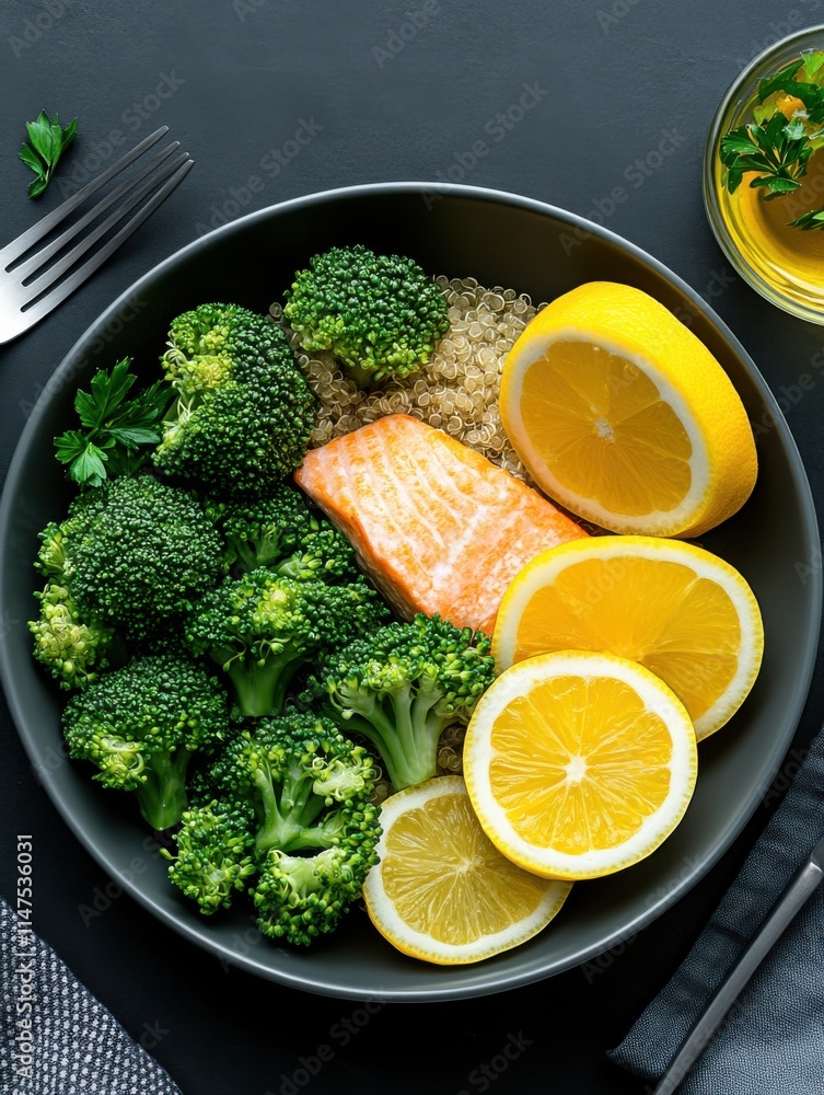 Healthy Salmon and Broccoli Bowl with Fresh Lemon Modern Kitchen Food Bright Lighting Aesthetic Cuisine Concept Healthy Salmon and Broccoli Bowl with Fresh Lemon Modern Kitchen Food Bright Lighting Aesthetic Cuisine Concept