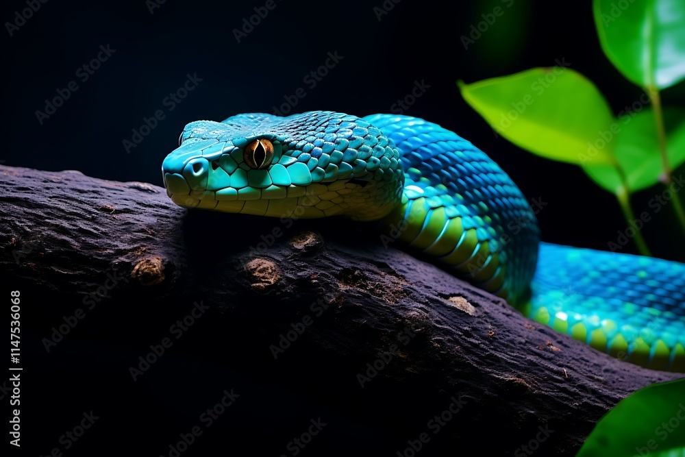 Fototapeta premium Close-up of a vibrant blue viper snake resting on a dark brown tree branch, surrounded by lush green leaves.